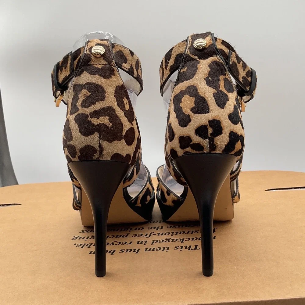 Michael Kors Leopard Calf Hair Platform Sandals Brown‎ Black Stiletto Heels 8M